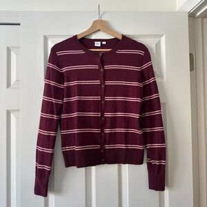 Gap Women's Burgundy and Red Striped Cardigan NWT small